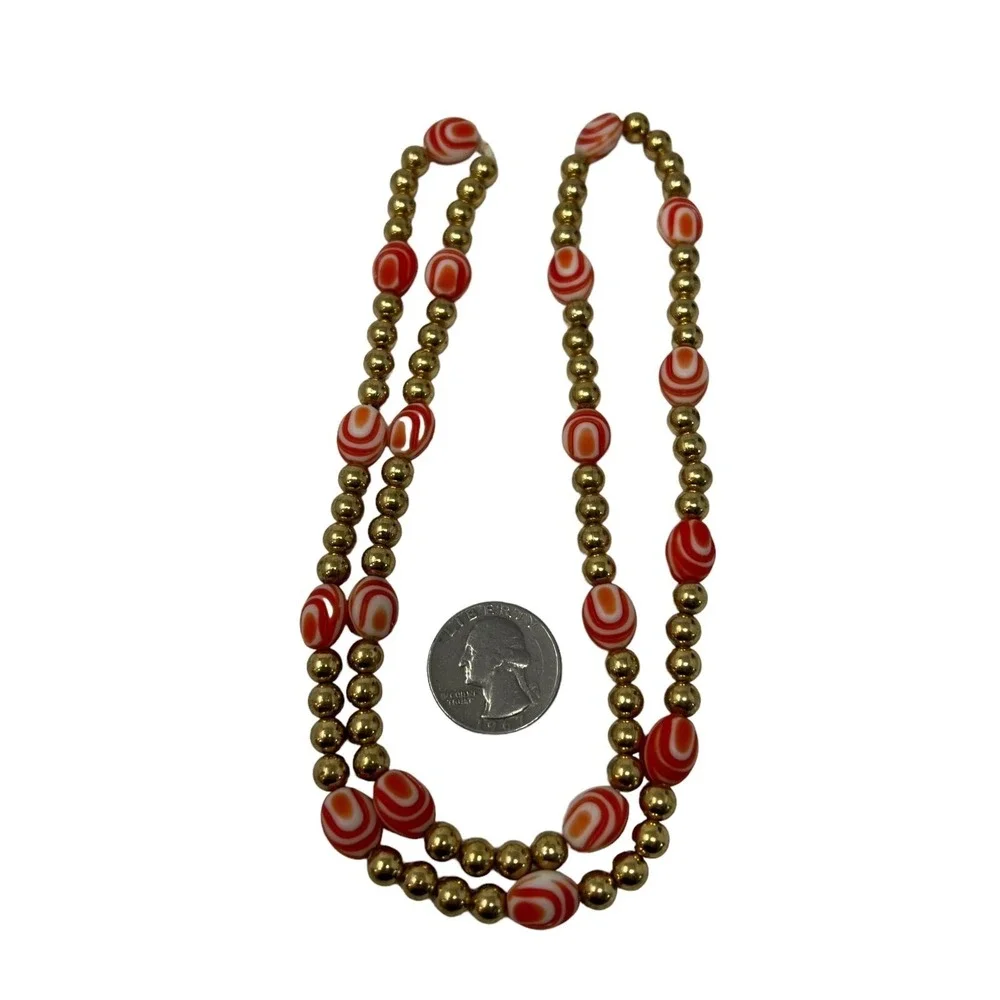 Vintage Handmade Necklace Orange‎ Swirl and Gold Tone Beads